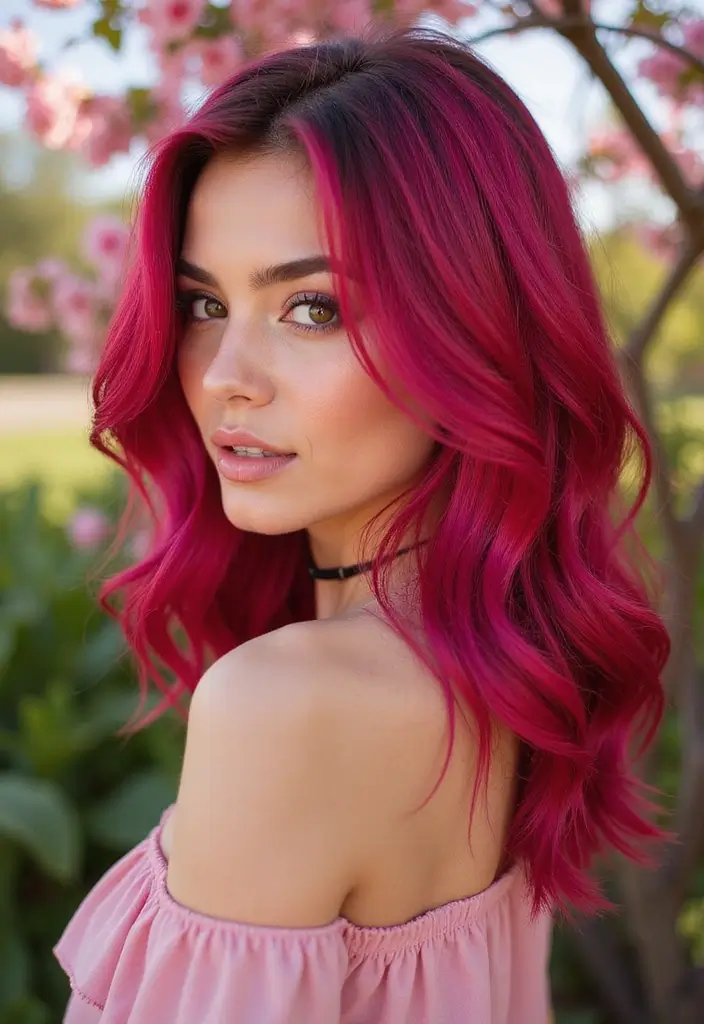 50 Best Hair Color Ideas for Brown Eyes That Pop - 10. Raspberry Highlights