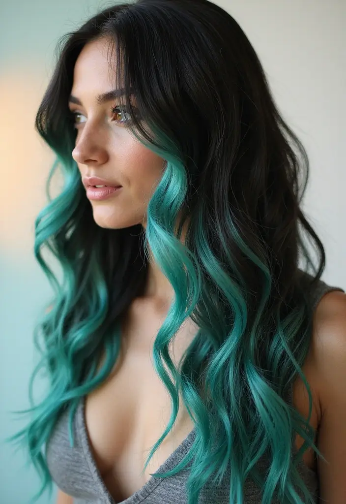 50 Black Hair with Color Ideas for a Stylish Contrast 10 50 Black Hair with Color Ideas for a Stylish Contrast - 10. Cool Mint Highlights