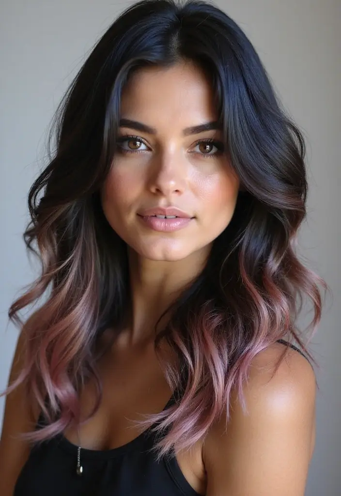 50 Black Hair with Color Ideas for a Stylish Contrast 14 50 Black Hair with Color Ideas for a Stylish Contrast - 14. Dusty Rose Highlights