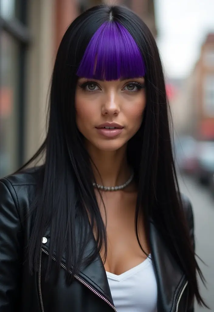 50 Black Hair with Color Ideas for a Stylish Contrast 24 50 Black Hair with Color Ideas for a Stylish Contrast - 23. Bright Purple Fringe