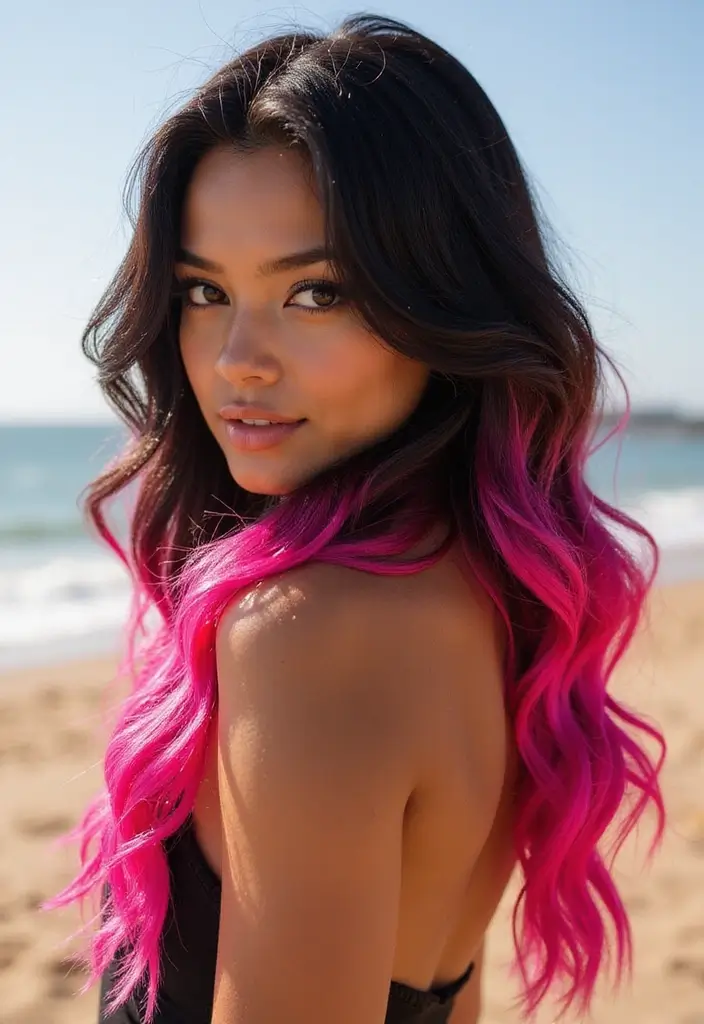 50 Black Hair with Color Ideas for a Stylish Contrast 26 50 Black Hair with Color Ideas for a Stylish Contrast - 25. Neon Pink Highlights
