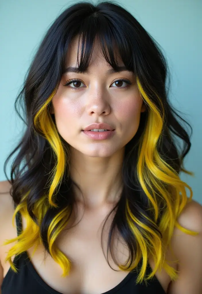 50 Black Hair with Color Ideas for a Stylish Contrast 40 50 Black Hair with Color Ideas for a Stylish Contrast - 39. Electric Yellow Streaks