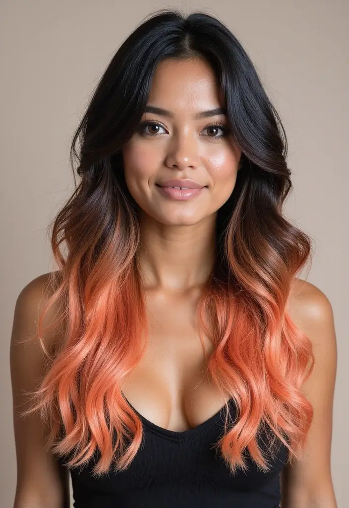 50 Black Hair with Color Ideas for a Stylish Contrast 45 50 Black Hair with Color Ideas for a Stylish Contrast - 44. Peachy Ombre