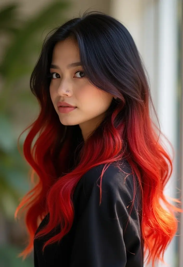 50 Black Hair with Color Ideas for a Stylish Contrast 7 50 Black Hair with Color Ideas for a Stylish Contrast - 7. Fiery Red Highlights