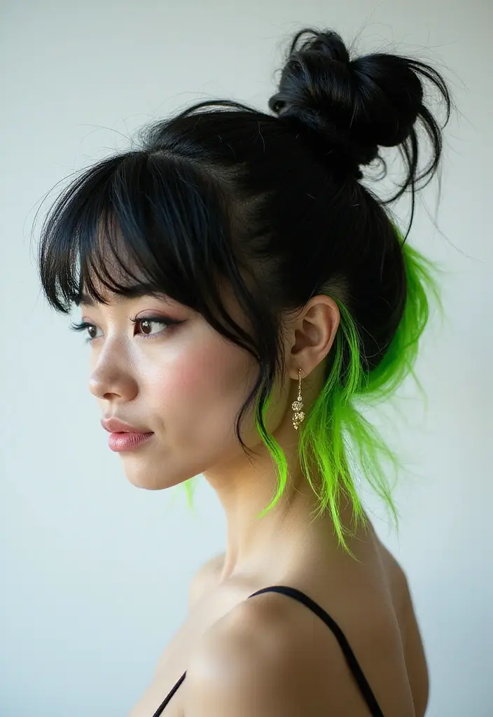 50 Black Hair with Color Ideas for a Stylish Contrast 9 50 Black Hair with Color Ideas for a Stylish Contrast - 9. Neon Green Tips