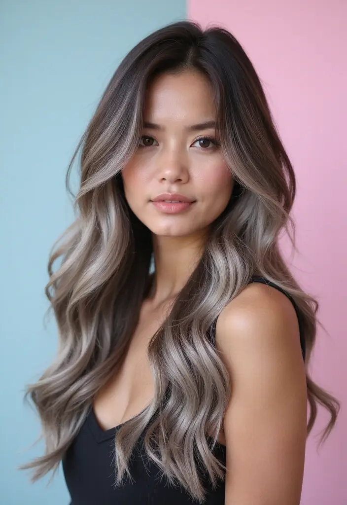 50 Brown Hair with Color Ideas for a Fresh Upgrade - 11. Silver Balayage for a Futuristic Edge