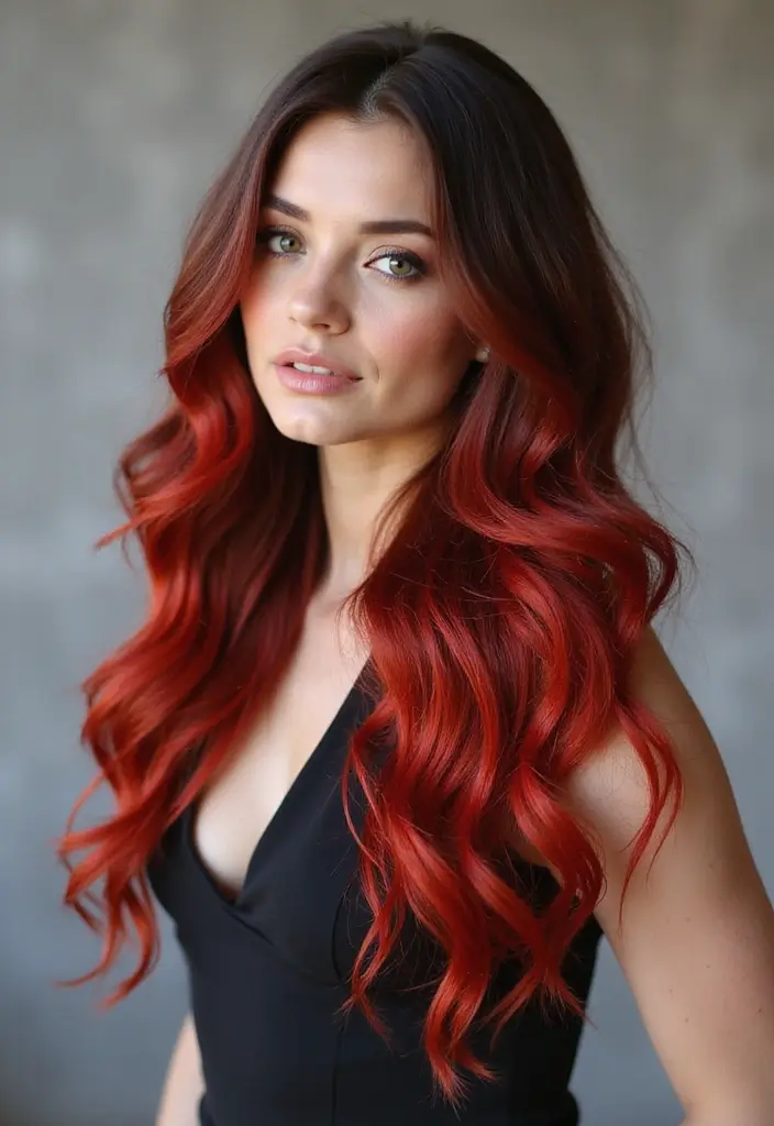 50 Brown Hair with Color Ideas for a Fresh Upgrade - 26. Deep Red Balayage for a Dramatic Effect