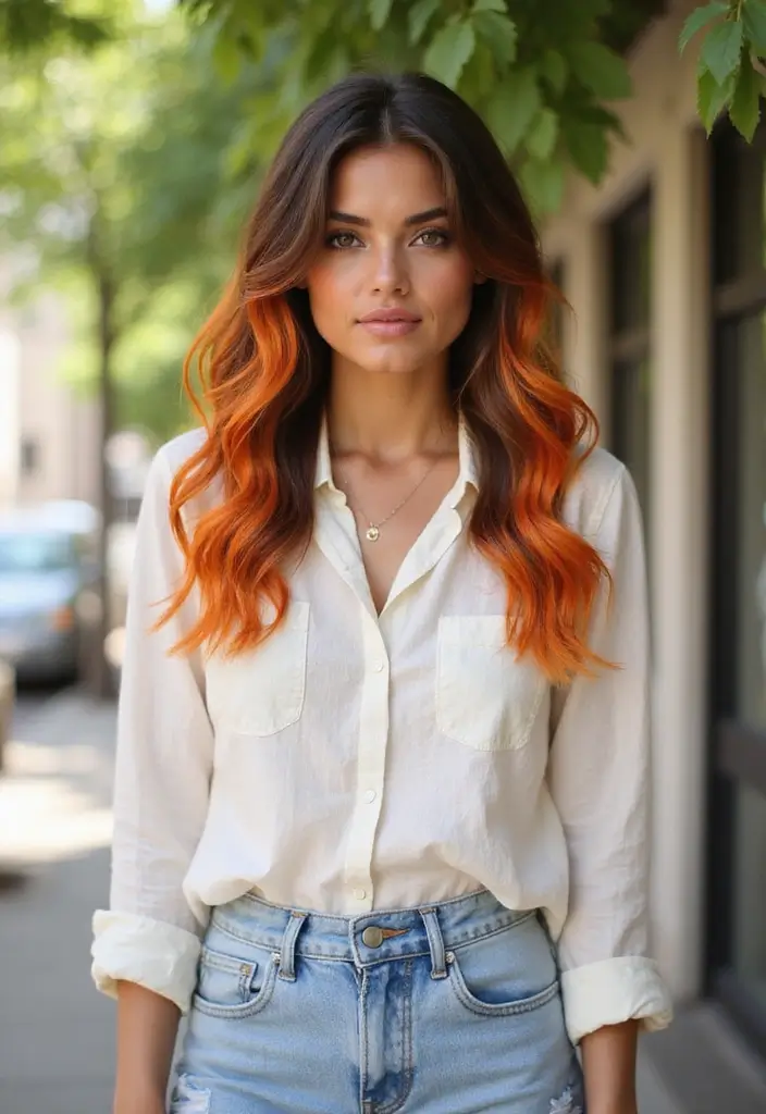 50 Brown Hair with Color Ideas for a Fresh Upgrade - 33. Bold Orange Balayage for a Bright Edge