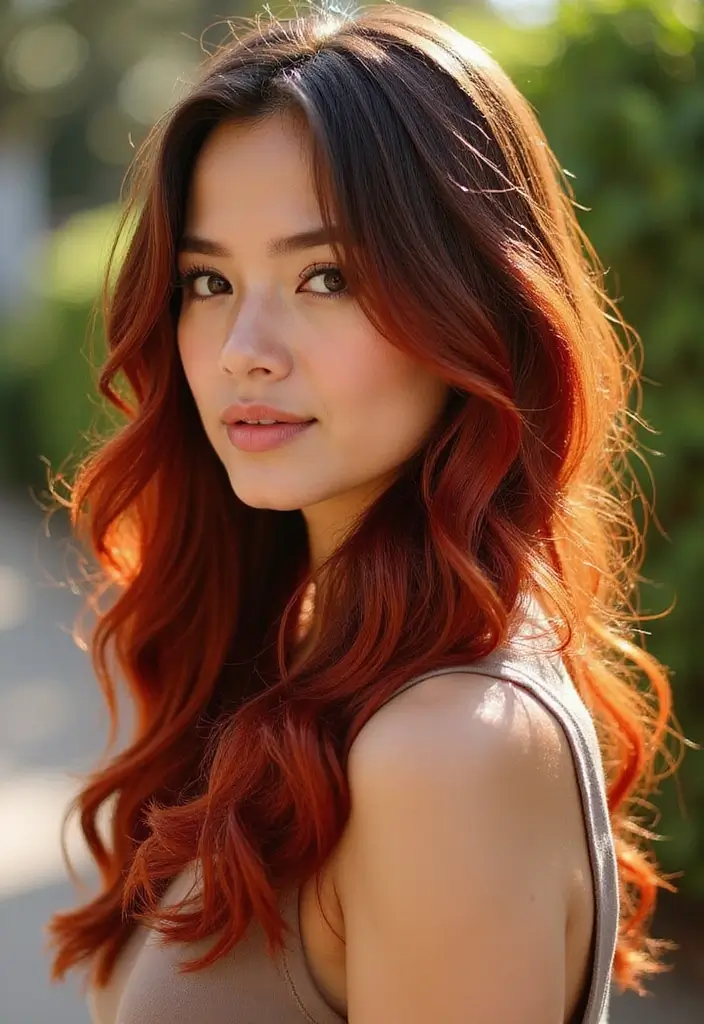 50 Brown Hair with Color Ideas for a Fresh Upgrade - 42. Cherry Red Balayage for a Bold Flair