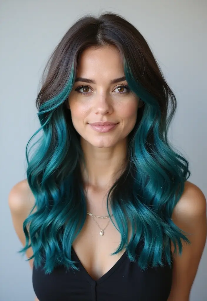 50 Brown Hair with Color Ideas for a Fresh Upgrade - 43. Dark Teal Balayage for a Modern Edge