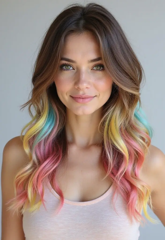 50 Brown Hair with Color Ideas for a Fresh Upgrade - 50. Layered Rainbow Balayage for Full Creativity