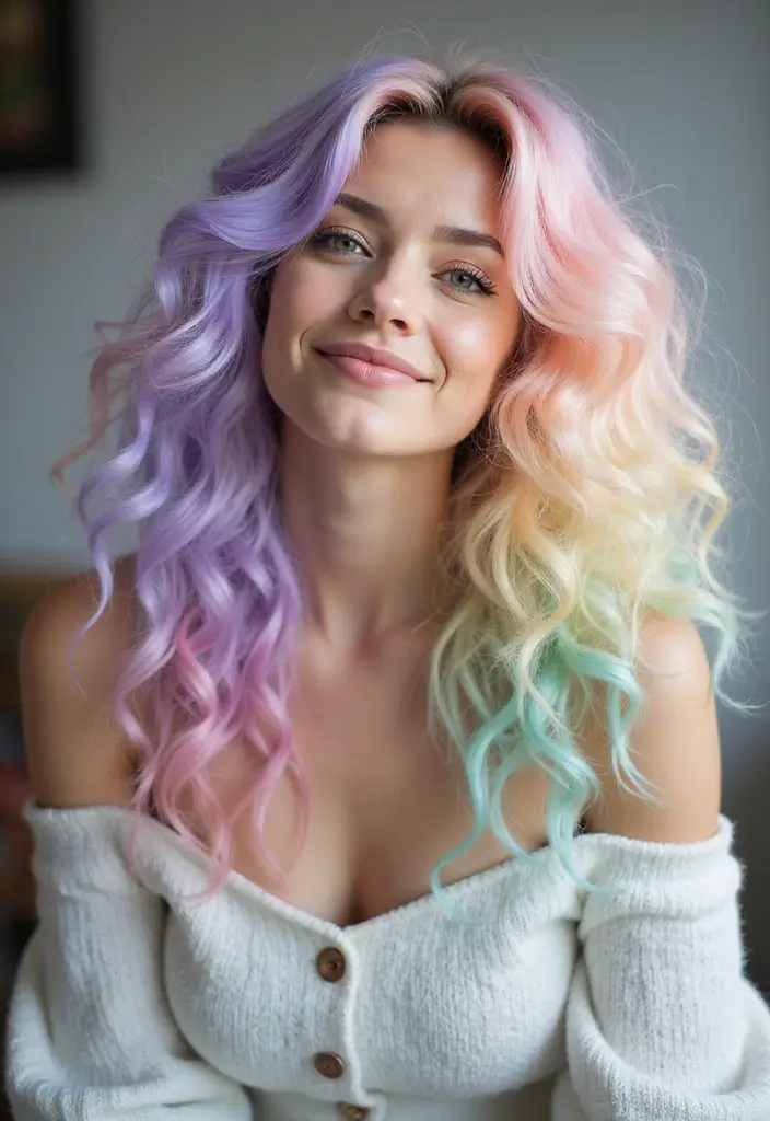 50 Curly Hair Color Ideas That Make Your Curls Pop - 15. Frosted Pastel Rainbow Curls