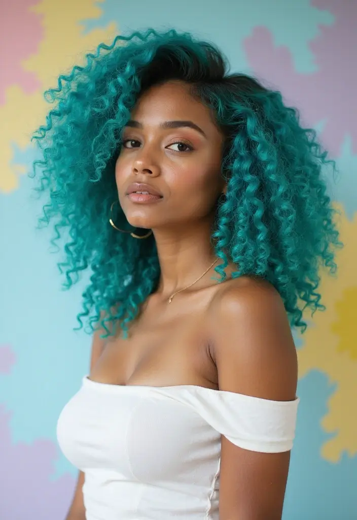50 Curly Hair Color Ideas That Make Your Curls Pop - 38. Bright Teal Curls