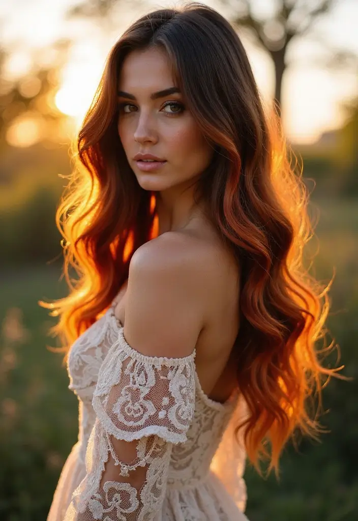 50 Dark Brunette Hair Color Ideas That Feel Rich and Elegant - 41. Sunset Brunette