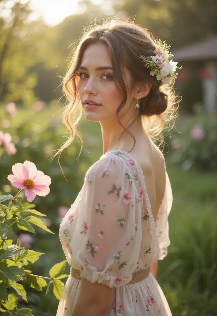 50 Easy Hairstyles for Short Hair That Look Effortlessly Chic - 26. Dainty Floral Updo