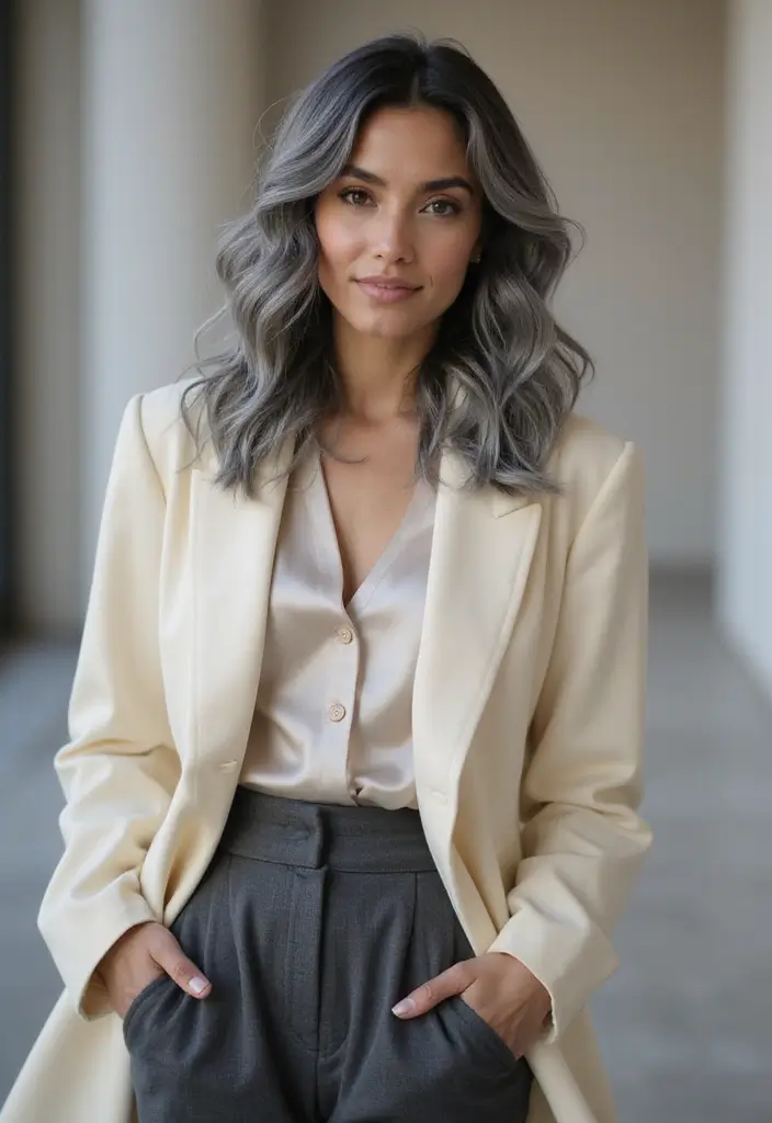 50 Gorgeous Gray Hair Color Ideas That Feel Modern 33 50 Gorgeous Gray Hair Color Ideas That Feel Modern - 33. Charcoal Gray with Cream Highlights