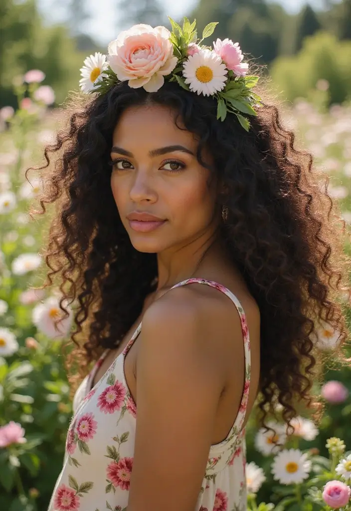 50 Gorgeous Hairstyles with Curly Hair That Pop - 37. Curly Hair with a Floral Crown