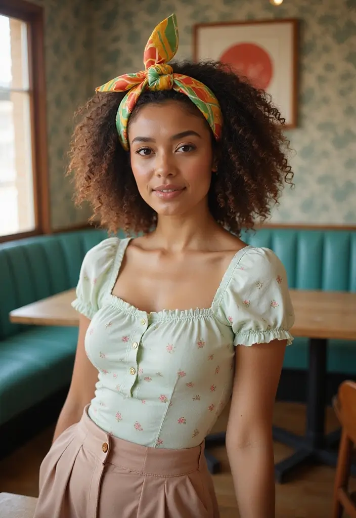 50 Gorgeous Hairstyles with Curly Hair That Pop - 42. Curly Hair with a Retro Headscarf