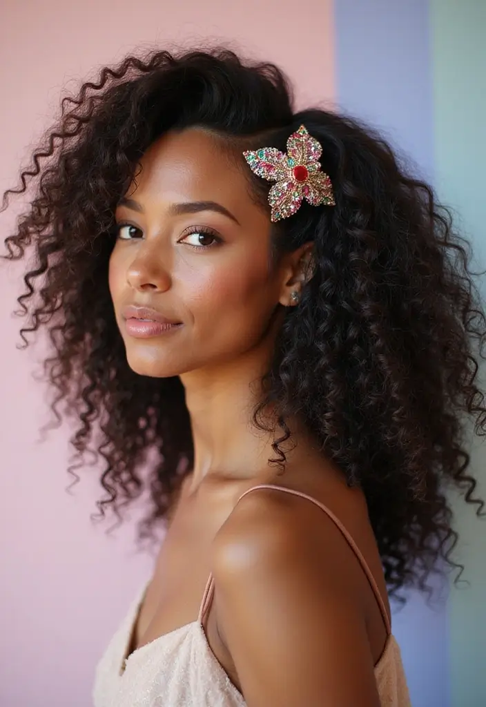 50 Gorgeous Hairstyles with Curly Hair That Pop - 46. Curly Hair with Statement Hairpins