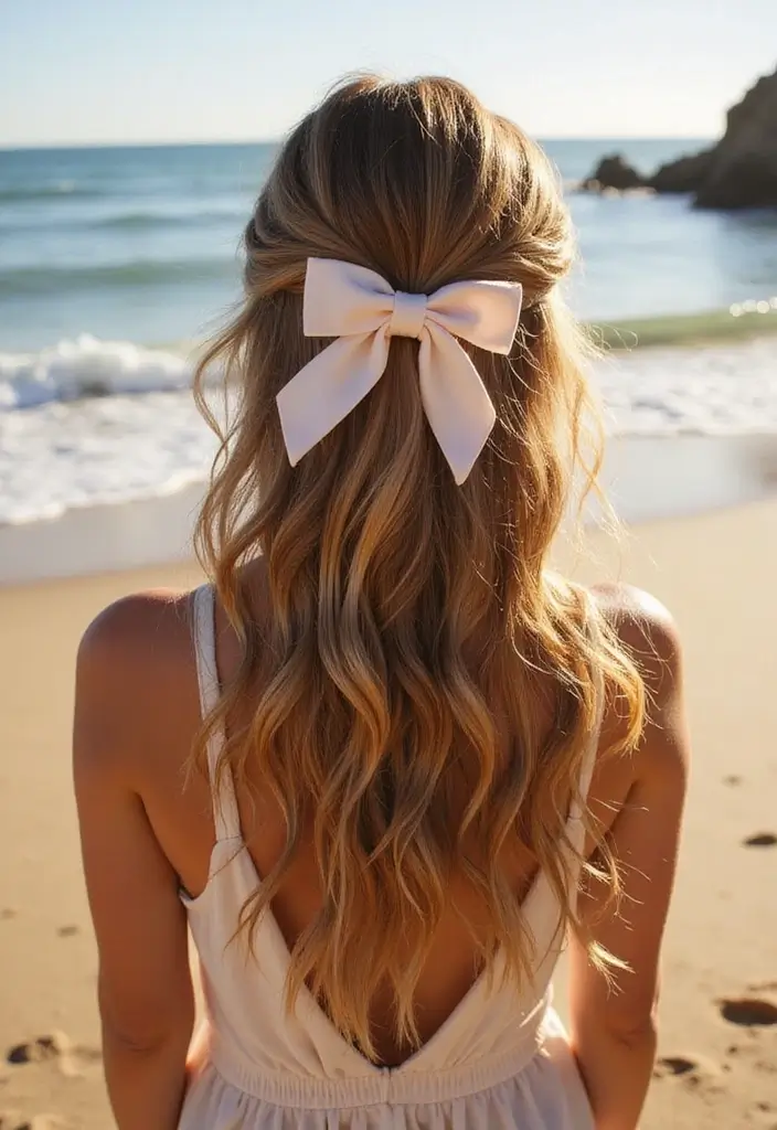 50 Half Up Half Down Bow Hairstyles That Look Cute - 17. Beachy Bow