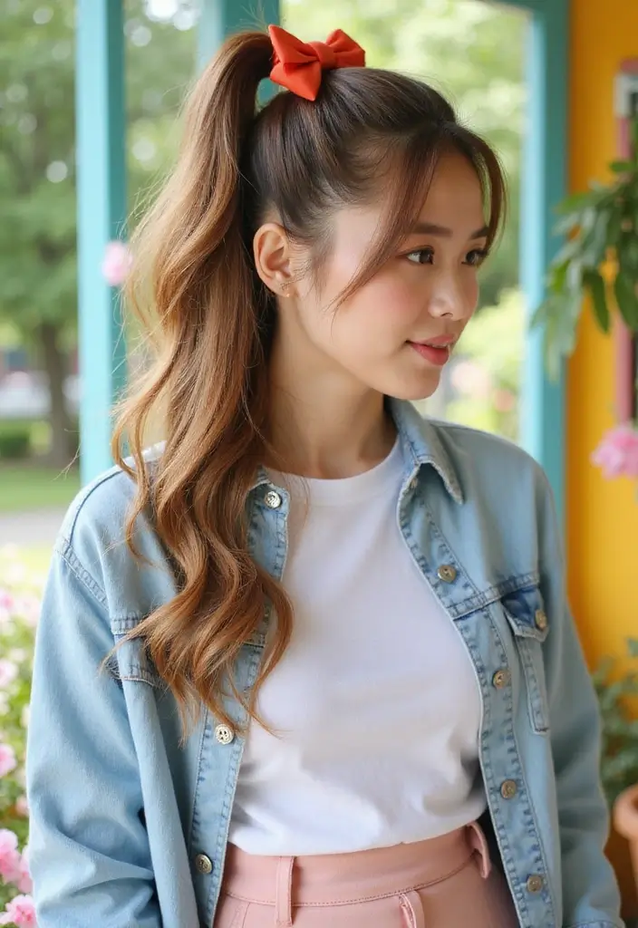 50 Half Up Half Down Bow Hairstyles That Look Cute - 24. Playful Ponytail Bow