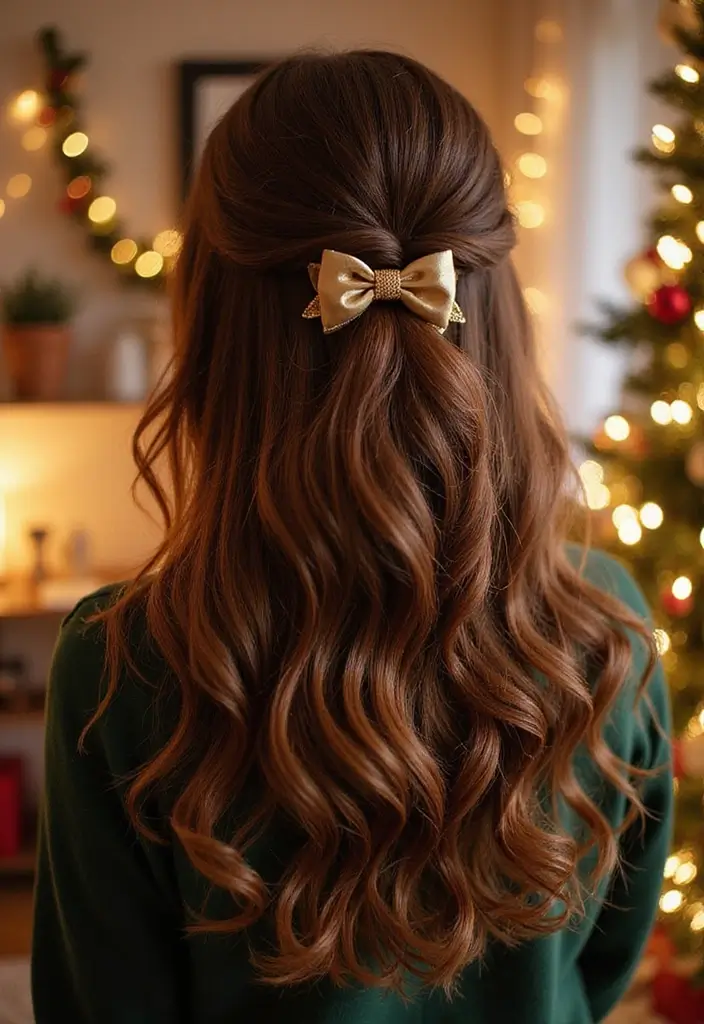 50 Half Up Half Down Bow Hairstyles That Look Cute - 27. Holiday Bow