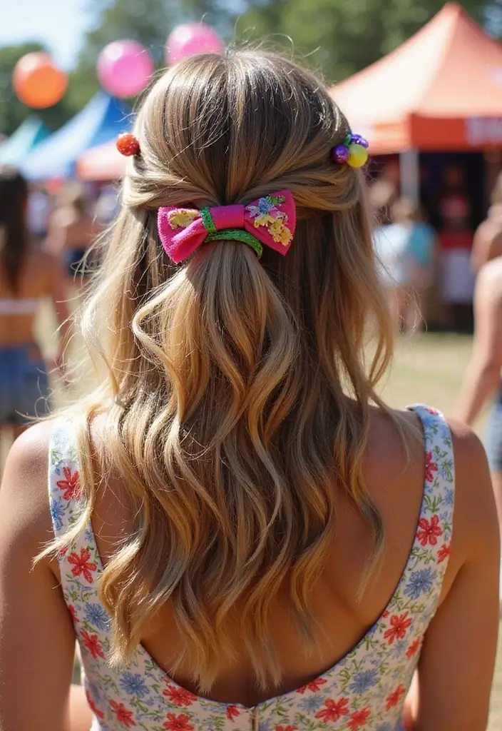50 Half Up Half Down Bow Hairstyles That Look Cute - 28. Festival Bow