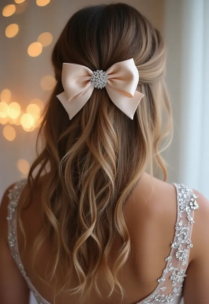 50 Half Up Half Down Bow Hairstyles That Look Cute - 4. Glittering Bow