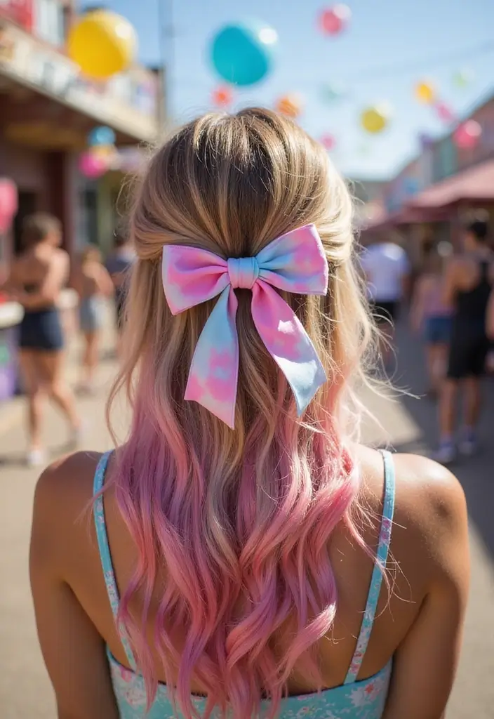 50 Half Up Half Down Bow Hairstyles That Look Cute - 47. Tie-Dye Bow