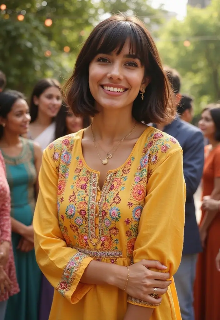50 Kurti Hairstyles for Short Hair That Complete the Look 27 50 Kurti Hairstyles for Short Hair That Complete the Look - 26. Flirty Bob with Bangs for a Fun Twist