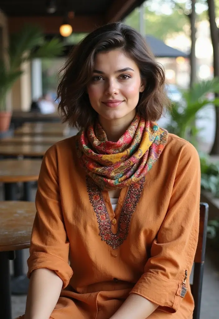 50 Kurti Hairstyles for Short Hair That Complete the Look 41 50 Kurti Hairstyles for Short Hair That Complete the Look - 40. Tousled Bob with a Scarf for a Stylish Touch