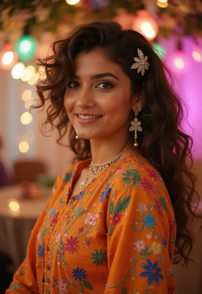 50 Kurti Hairstyles for Short Hair That Complete the Look 43 50 Kurti Hairstyles for Short Hair That Complete the Look - 42. Bouncy Curls with a Clip for a Festive Look