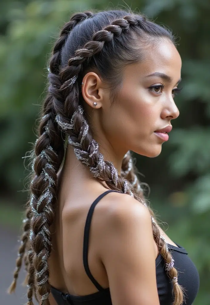 50 Packing Gel Hairstyles with Attachment That Turn Heads 15 50 Packing Gel Hairstyles with Attachment That Turn Heads - 15. Intertwined Braids with Silver Thread