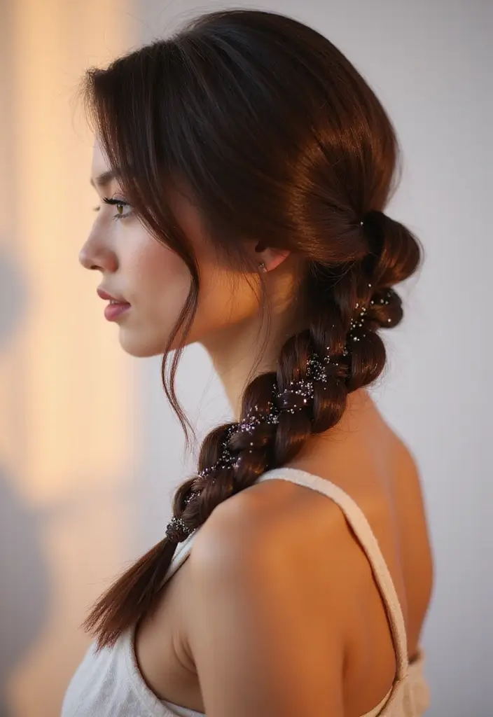 50 Packing Gel Hairstyles with Attachment That Turn Heads 41 50 Packing Gel Hairstyles with Attachment That Turn Heads - 41. Sleek Side Braid with Sparkles