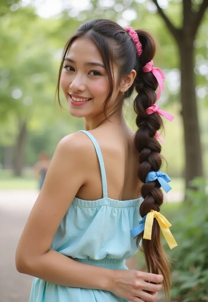 50 Packing Gel Hairstyles with Attachment That Turn Heads 5 50 Packing Gel Hairstyles with Attachment That Turn Heads - 5. Braided Ponytail with Colorful Ribbons