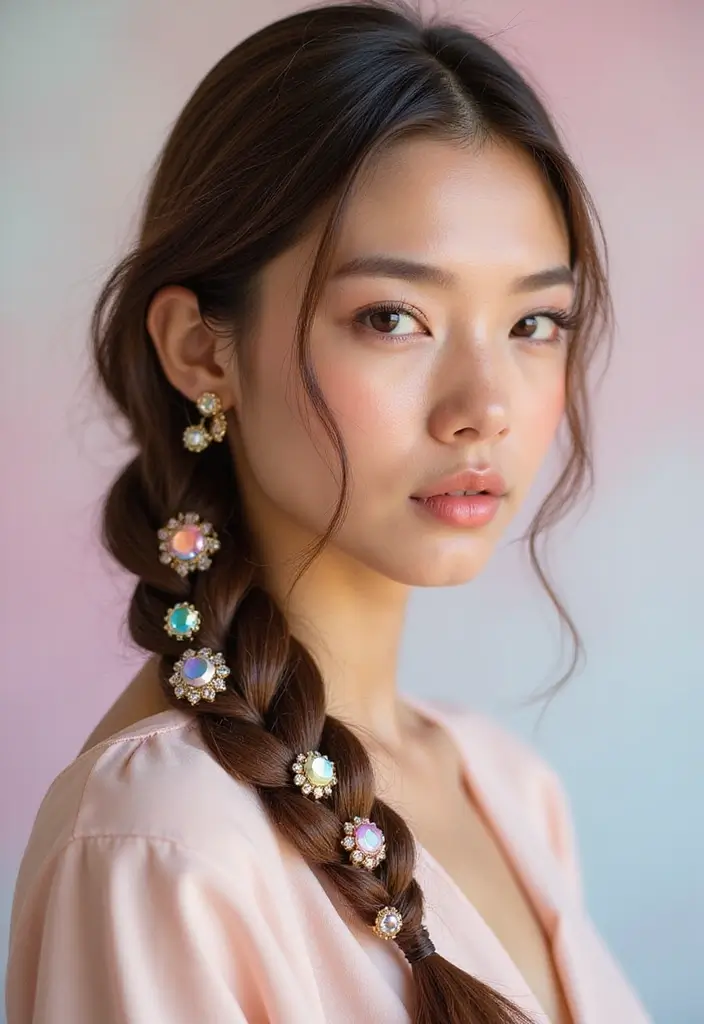 50 Packing Gel Hairstyles with Attachment That Turn Heads 6 50 Packing Gel Hairstyles with Attachment That Turn Heads - 6. Side Braid with Gemstone Clips