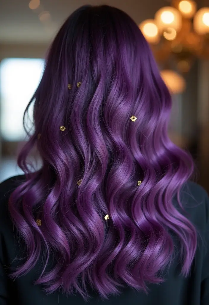 50 Purple Hair Color Ideas That Look Creative and Fun - 36. Purple and Gold Accents