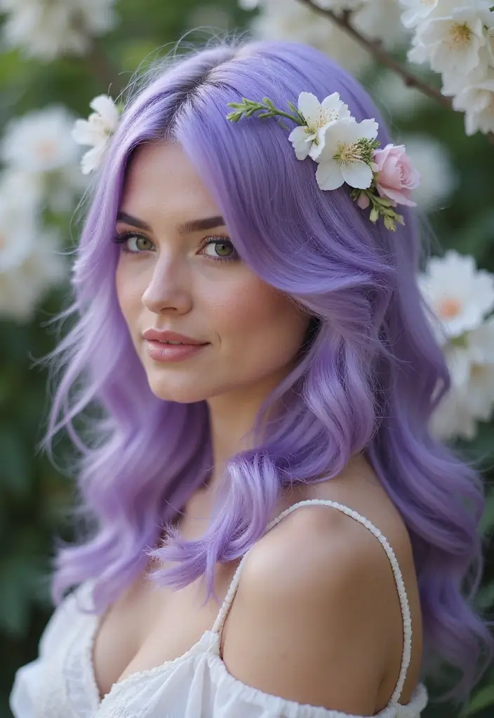 50 Purple Hair Color Ideas That Look Creative and Fun - 39. Purple Hair with Floral Elements