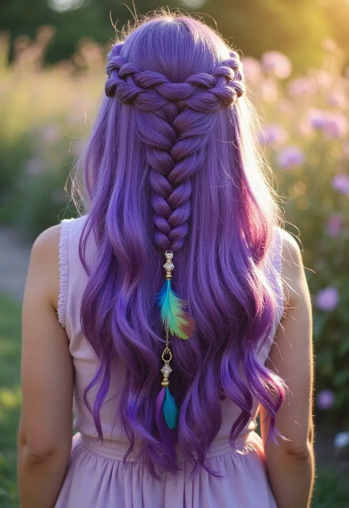 50 Purple Hair Color Ideas That Look Creative and Fun - 40. Purple Hair with Feather Accents