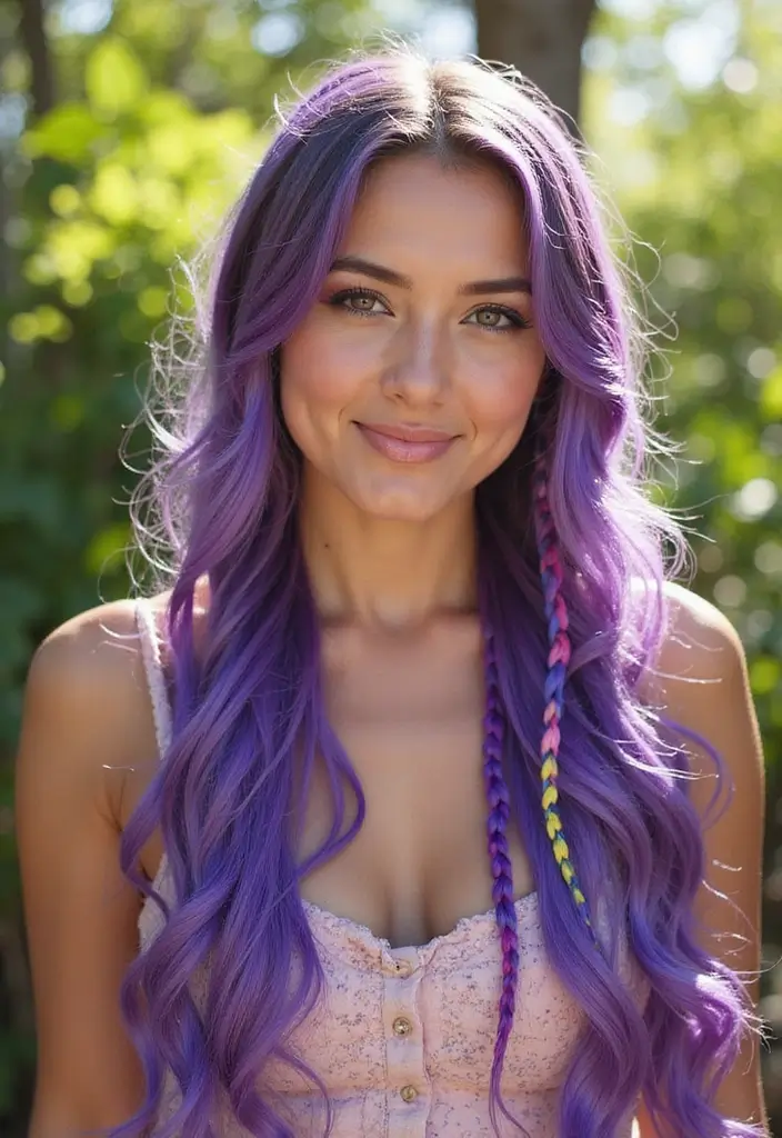 50 Purple Hair Color Ideas That Look Creative and Fun - 43. Purple Braids with Colorful Thread