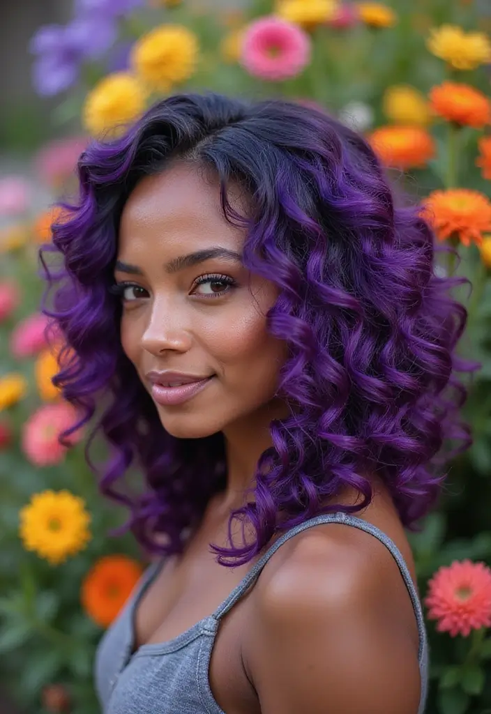 50 Purple Hair Color Ideas That Look Creative and Fun - 50. Purple Highlights on Natural Hair