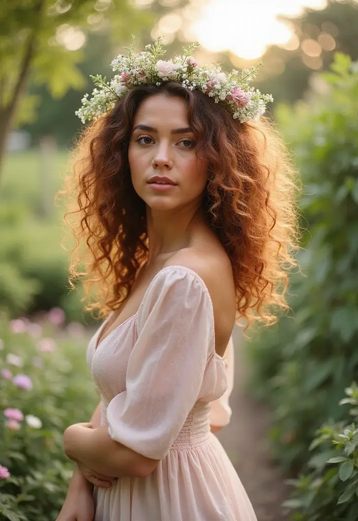 50 Short Curly Hair Hairstyles That Look Adorable 46 50 Short Curly Hair Hairstyles That Look Adorable - 45. Curly Hair with a Flower Crown