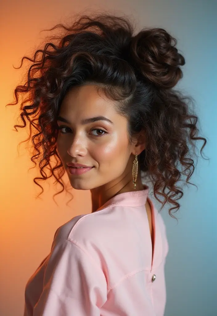 50 Stylish Hairstyles for Shoulder Length Hair You’ll Love - 16. Curly High Bun