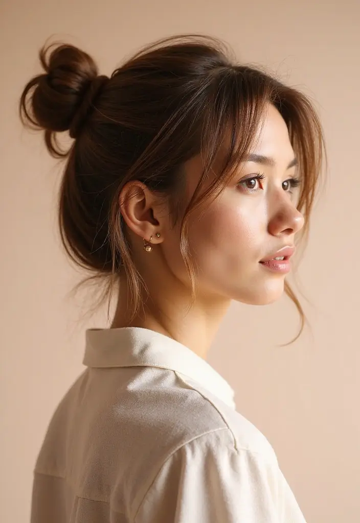 50 Stylish Hairstyles for Shoulder Length Hair You’ll Love - 2. Messy Bun with Face-Framing Strands