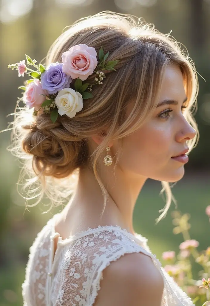 50 Stylish Hairstyles for Shoulder Length Hair You’ll Love - 24. Floral Updo