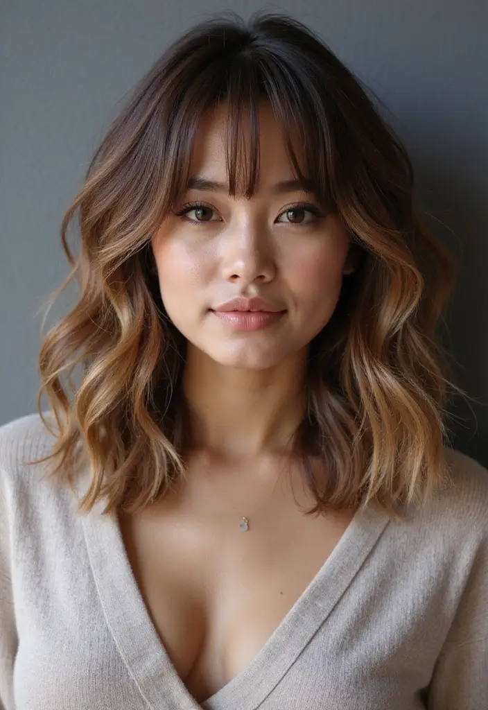50 Stylish Hairstyles for Shoulder Length Hair You’ll Love - 28. Wavy Lob with Bangs
