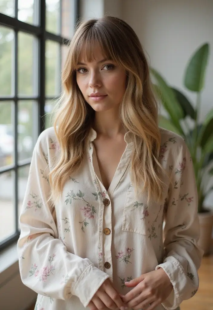 50 Stylish Hairstyles for Shoulder Length Hair You’ll Love - 35. Soft Fringe with Loose Waves