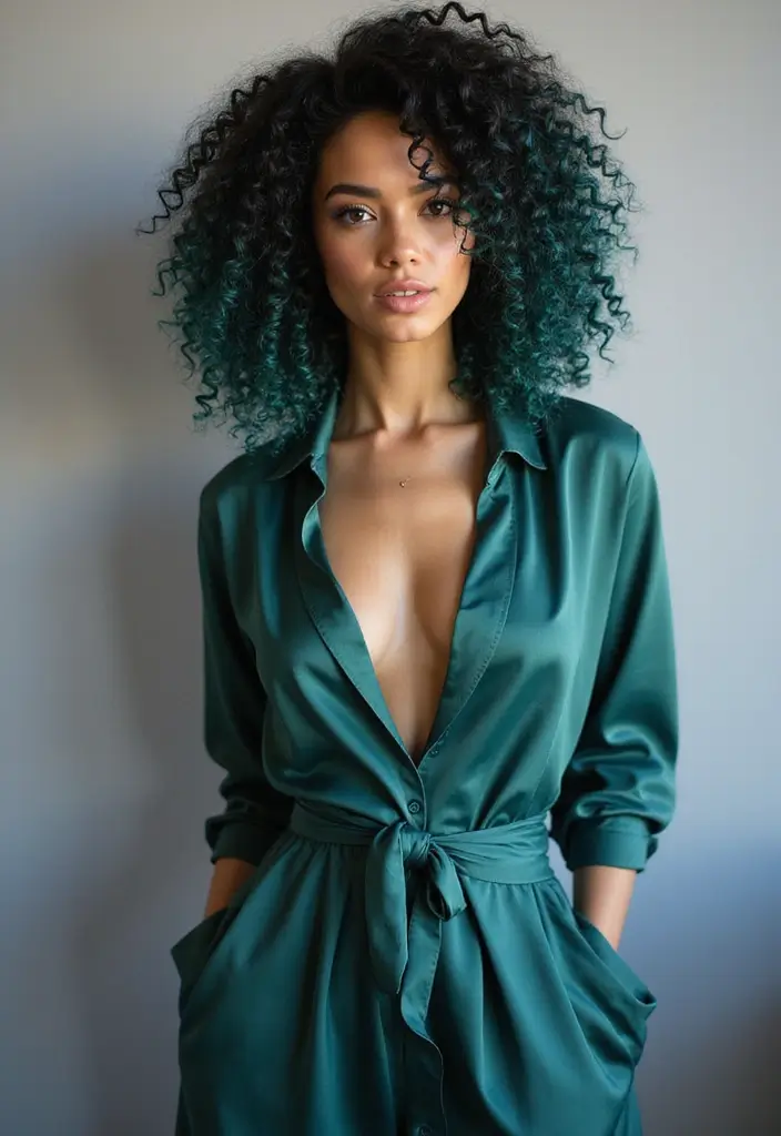 50 Trendy Two-Tone Hair Color Ideas for a Fresh Vibe 15 50 Trendy Two-Tone Hair Color Ideas for Curly Hair Types - 15. Dark Teal and Black