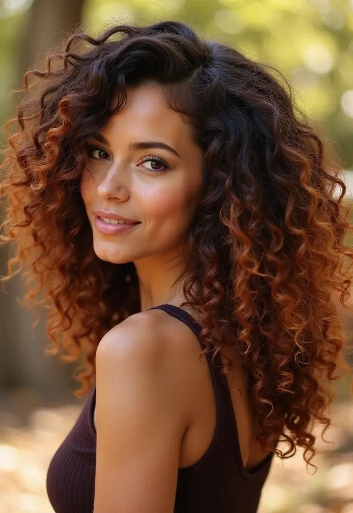 50 Trendy Two-Tone Hair Color Ideas for a Fresh Vibe 18 50 Trendy Two-Tone Hair Color Ideas for Curly Hair Types - 18. Chocolate Cherry and Caramel