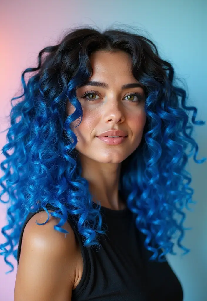 50 Trendy Two-Tone Hair Color Ideas for a Fresh Vibe 2 50 Trendy Two-Tone Hair Color Ideas for Curly Hair Types - 2. Bold Blue and Black Waves